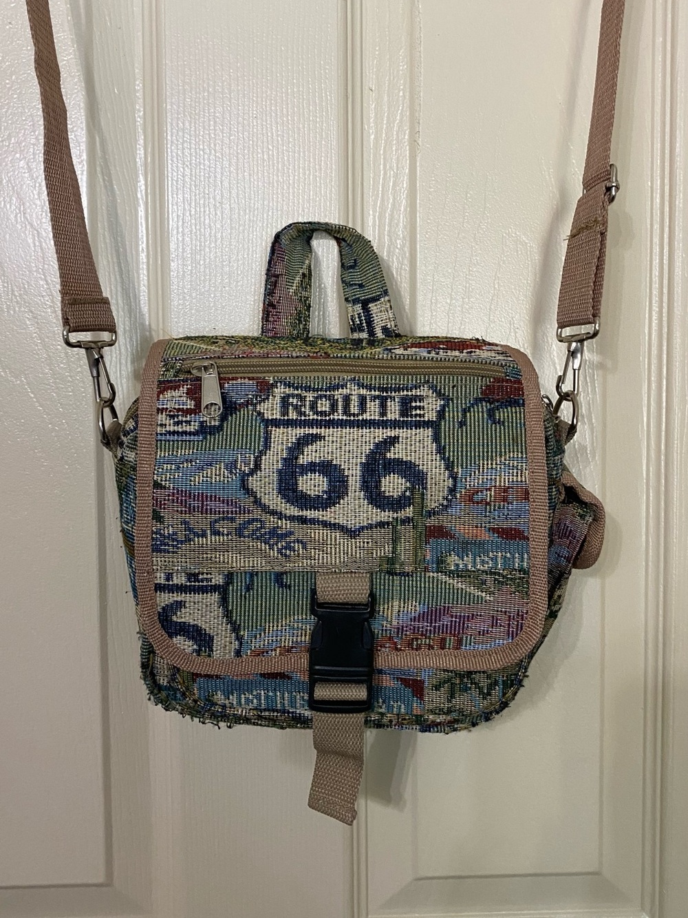 Route 66 Tapestry Messenger Bag in Multi-Color